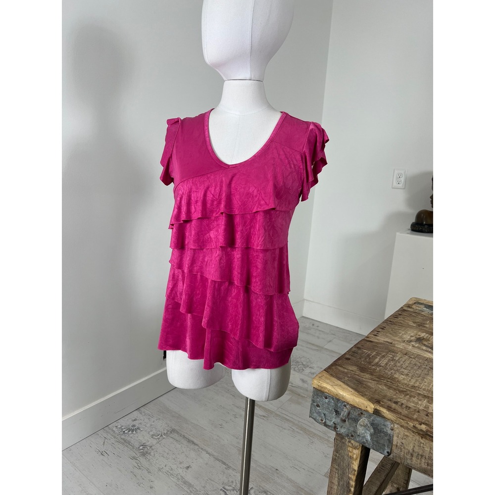 IZ Byer Womens Magenta Pink Tiered Ruffle V-Neck Flutter Sleeve Blouse Medium